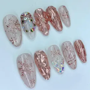 Rose Gold Snowflake Press On Nails Winter Aurora Fake Nails 3
