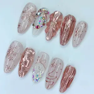 Rose Gold Snowflake Press On Nails Winter Aurora Fake Nails 5