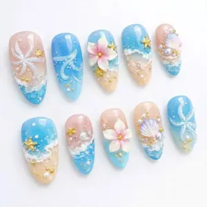 Sandy Shore Press On Nails 3D Shell Wave Beach Summer Fake Nails 1