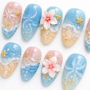 Sandy Shore Press On Nails 3D Shell Wave Beach Summer Fake Nails 3