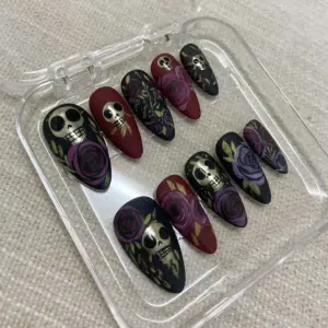 Skull Rose Press On Nails Gothic Halloween Floral Fake Nails 1