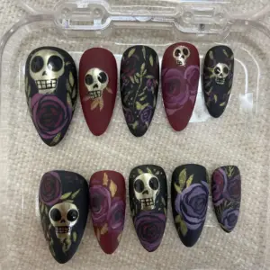 Skull Rose Press On Nails Gothic Halloween Floral Fake Nails 2