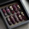 Skull Rose Press On Nails gothic black burgundy gold floral Halloween design