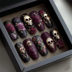 Skull Rose Press On Nails gothic black burgundy gold floral Halloween design