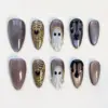 Smoky Ghost Spider Web Press On Nails mauve grey gold glitter Halloween design