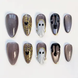 Smoky Ghost Spider Web Press On Nails mauve grey gold glitter Halloween design
