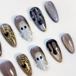 Smoky Ghost Spider Web Press On Nails Halloween Fake Nails 3
