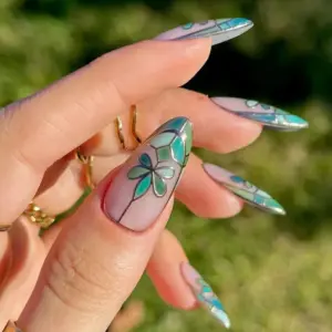Stained Glass Floral Press On Nails Green Blue Fake Nails 2