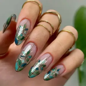 Stained Glass Floral Press On Nails Green Blue Fake Nails 3
