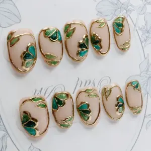Stained glass gold emerald floral luxury press on nails fake nails green