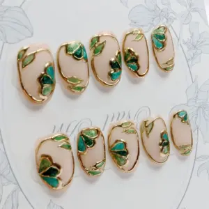 Stained Glass Press On Nails Gold Emerald 2