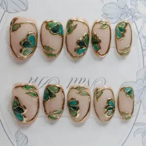 Stained Glass Press On Nails Gold Emerald 3