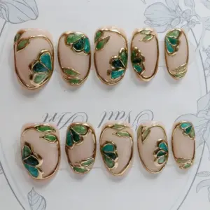 Stained Glass Press On Nails Gold Emerald 4