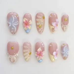 Starfish bloom floral shell yellow press on nails short almond