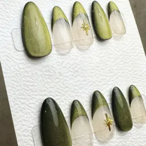 Starry Cat Eye French Press On Nails Reusable Handmade Fake Nails 1