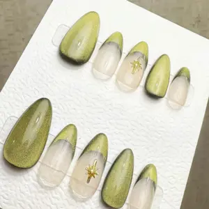 Starry Cat Eye French Press On Nails Reusable Handmade Fake Nails 2