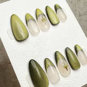 Starry Cat Eye French Press On Nails Reusable Handmade Fake Nails 4