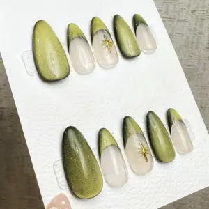 Starry Cat Eye French Press On Nails Reusable Handmade Fake Nails 5