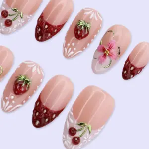 Strawberry French Press On Nails 3D Fruit Cherry Fake Nails 1