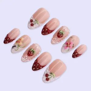 Strawberry French Press On Nails 3D Fruit Cherry Fake Nails 1 4
