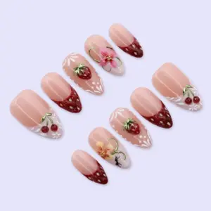 Strawberry French Press On Nails 3D Fruit Cherry Fake Nails 1 5
