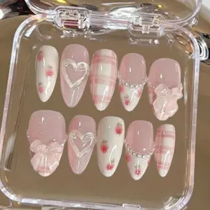 Strawberry pink bow handmade press on nails fake nails cute