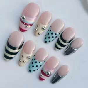 Striped Cat Eye Press On Nails 3D Gold Chrome Fake Nails 1