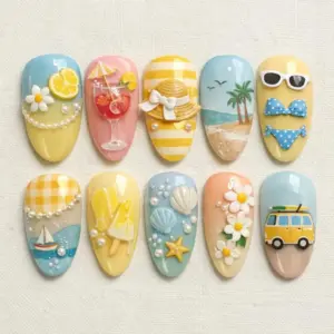 Summer vacation press on nails with 3D lemon slice and daisy on blue-yellow ombré, cocktail glass on pink, straw hat with bow on yellow stripe, hand-painted palm tree beach scene, sunglasses and bikini charms on yellow, sailboat with pearl swag, melting popsicle, ocean shells and starfish on aqua, white daisy bouquet, and retro yellow VW bus on sandy beach fake nails