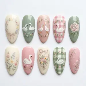 Swan cottagecore press on nails with floral wreath, painted geese, gingham pattern, rose bouquet, ribbon bow, wildflowers and mushrooms in cream pink sage green for spring