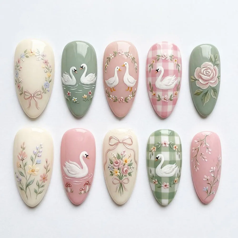Swan cottagecore press on nails with floral wreath, painted geese, gingham pattern, rose bouquet, ribbon bow, wildflowers and mushrooms in cream pink sage green for spring