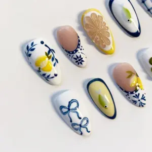 Talavera Blue White Press On Nails 3
