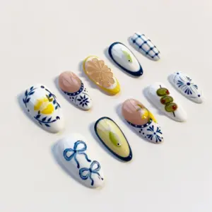 Talavera Blue White Press On Nails 4