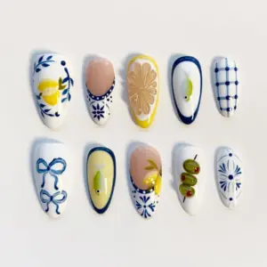 Talavera blue white 3D martini olive lemon french tip press on nails fake nails