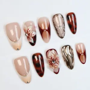 Tortoise shell 3D floral autumn reusable press on nails fake nails