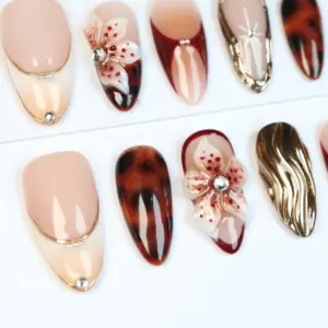 Tortoise Shell 3D Press On Nails Autumn Floral Fake Nails 2