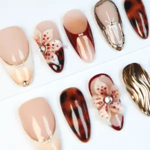 Tortoise Shell 3D Press On Nails Autumn Floral Fake Nails 3