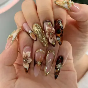 Tortoiseshell 3D Floral Press On Nails Brown Gold Fake Nails 2