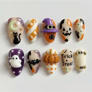 Trick or Treat 3D Press On Nails orange purple ghost pumpkin witch hat bat Halloween