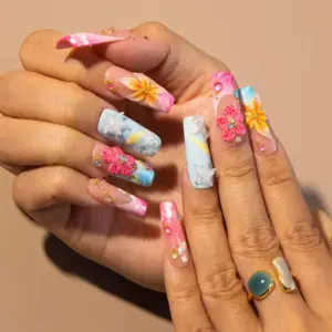 Tropical Floral Press On Nails 3D Flower Summer Fake Nails 2