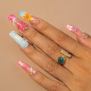 Tropical Floral Press On Nails 3D Flower Summer Fake Nails 3