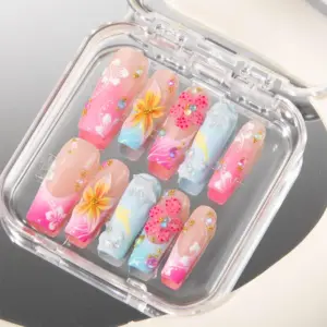 Tropical Floral Press On Nails 3D Flower Summer Fake Nails 4