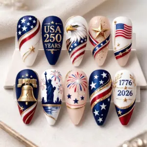 Luxury USA 250 years 1776 2026 commemorative press on nails featuring bald eagle Liberty Bell Statue of Liberty gold star fireworks and American flag designs