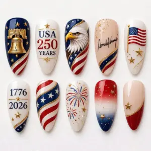 Luxury USA 250 years 1776 2026 commemorative press on nails with bald eagle Liberty Bell fireworks gold stars and American flag designs