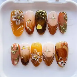 Autumn Floral Fox Press On Nails | Fall Amber Fake Nails | SE01