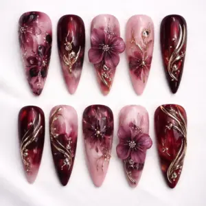 Dark Floral Press On Nails | Burgundy 3D Flower Rhinestone Fake Nails | SE03