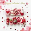 Valentine's Day Press On Nails | Sweetheart Fake Nails | EV53 5 Valentine's Day press on nails set with hearts, XOXO, strawberry, bow, and rhinestone designs in red and pink