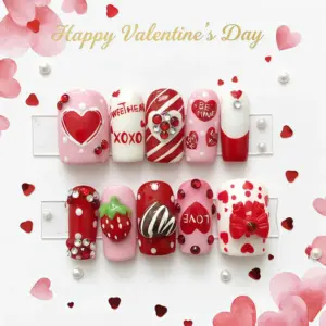 Valentine's Day press on nails set with hearts, XOXO, strawberry, bow, and rhinestone designs in red and pink
