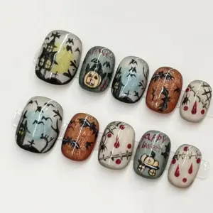 Vintage Halloween Press On Nails haunted house pumpkin bat blood drip spooky scene