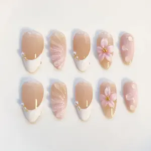White french tip press on nails with pink 3D flower fake nails long almond Title: White French Press On Nails | Pink 3D Flower Fake Nails