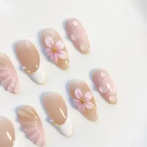 White French Press On Nails Pink 3D Flower Fake Nails 3